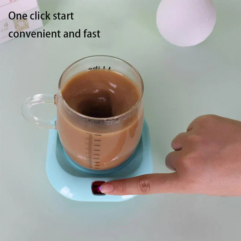 Hand pressing switch on light blue magnetic stirring base under glass protein shaker bottle with brown liquid