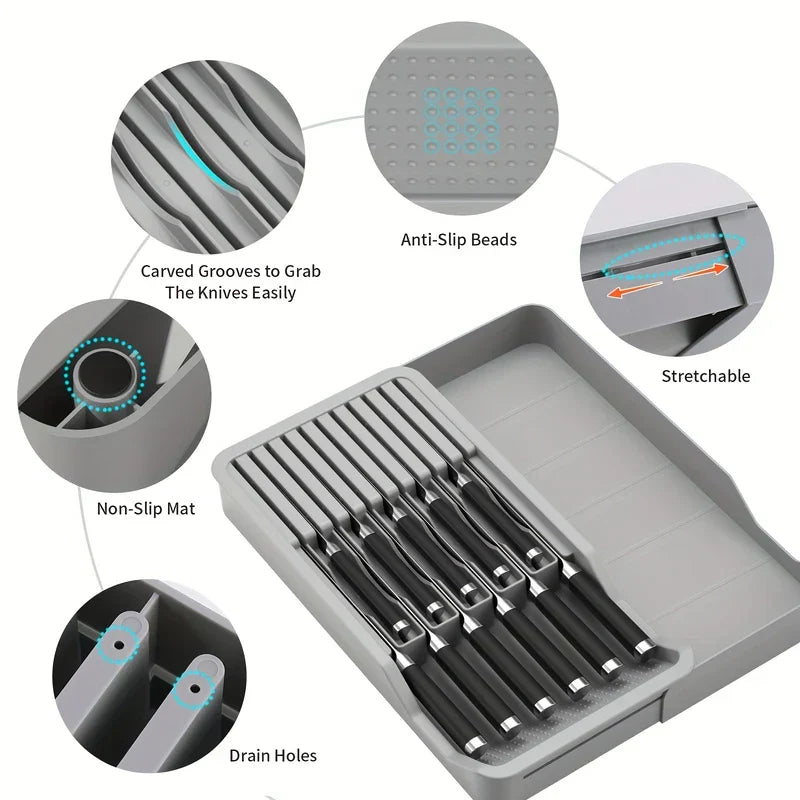 bloque de cuchillos - Organizador gris para cuchillos de cocina con cuchillos, rodeado de primeros planos de la ranura, la cuenta antideslizante, la extensión, la alfombrilla antideslizante y los detalles del orificio de drenaje.