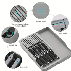 bloque de cuchillos - Organizador gris para cuchillos de cocina con cuchillos, rodeado de primeros planos de la ranura, la cuenta antideslizante, la extensión, la alfombrilla antideslizante y los detalles del orificio de drenaje.