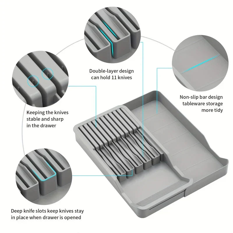 bloque de cuchillos - Organizador gris para cuchillos de cocina mostrado con primeros planos de los detalles de las ranuras para cuchillos y su sección lateral de almacenamiento vacía.