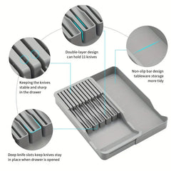 bloque de cuchillos - Organizador gris para cuchillos de cocina mostrado con primeros planos de los detalles de las ranuras para cuchillos y su sección lateral de almacenamiento vacía.