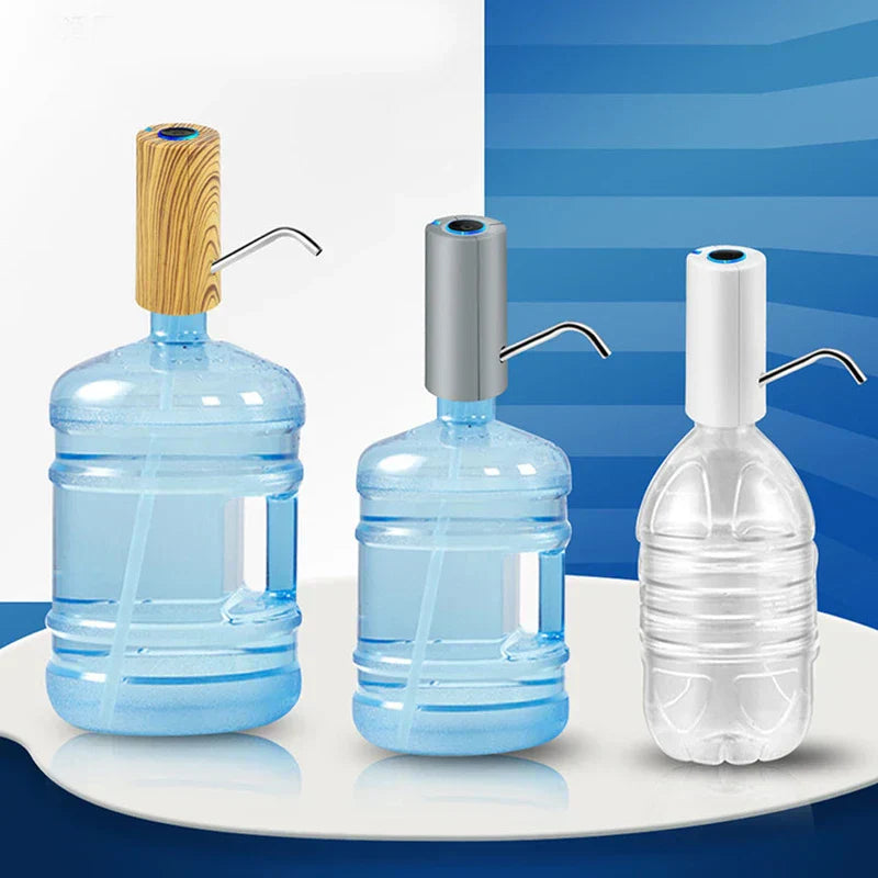 Electric Water Pump Dispenser - Three electric water pump dispensers mounted on different sized water bottles, on a white surface against a split white and blue striped background