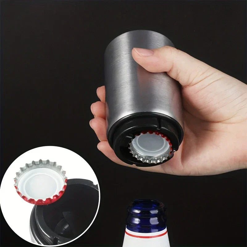 Hand holding stainless steel beer bottle opener above blue bottle, with inset of bottle cap in opener mechanism