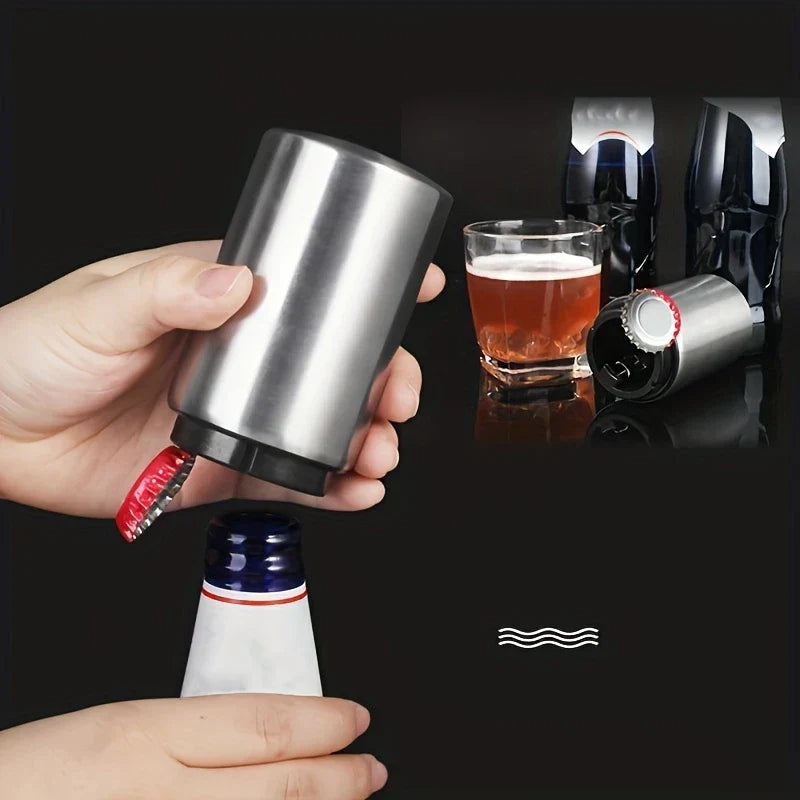 Hand holding stainless steel beer bottle opener, pressing it onto a beer bottle cap with a removed red cap visible, against dark background