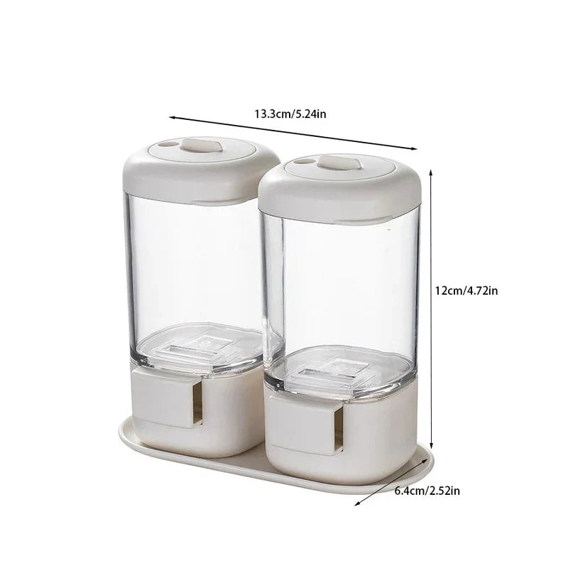 Two white plastic spice jars with tray and size dimensions