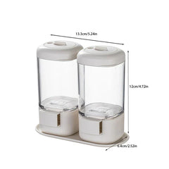 Two white plastic spice jars with tray and size dimensions