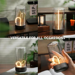 Four views of a glass lamp with different lit led light panel shapes; text 'VERSATILE FOR ALL OCCASSIONS' over the middle of the collage.