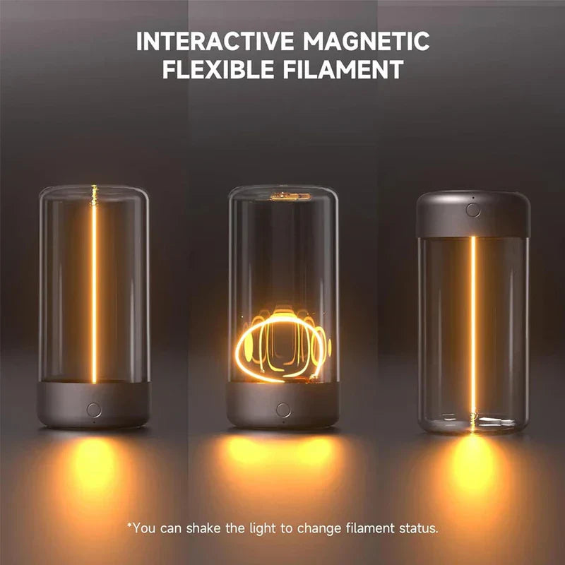 Three lamps showing varied filament shapes, labeled INTERACTIVE MAGNETIC FLEXIBLE FILAMENT, each with internal led light panel