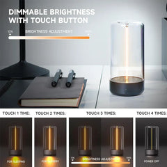 Touch dimmable led light panel lamp shown on a desk, with 4 touch modes: sleep brightness, nursery brightness, adjustable levels, and power off