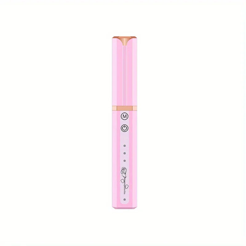 Ein rosa elektrischer Wimpernformer-Stift, von vorne gezeigt, mit Bedientasten, Rosendesign und goldenen Akzenten auf weißem Hintergrund.