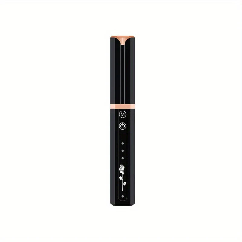 Ein schwarzer elektrischer Wimpernformer-Stift, von vorne gezeigt, mit Bedientasten, weißem Rosendesign und Roségold-Akzenten auf weißem Hintergrund.