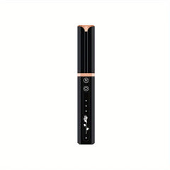 Ein schwarzer elektrischer Wimpernformer-Stift, von vorne gezeigt, mit Bedientasten, weißem Rosendesign und Roségold-Akzenten auf weißem Hintergrund.