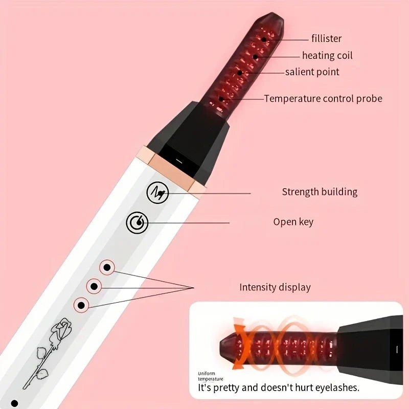 Elektrischer Wimpernformer-Stift Nahaufnahme mit beschrifteten Teilen, einschließlich Heizspirale, Einschalttaste und Intensitätsanzeigeleuchten auf rosa Hintergrund