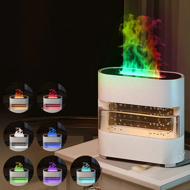 Diffuser humidifier flame with essential oil bottle nearby