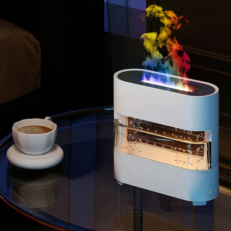 diffusor ein luftbefeuchter - Weißer Luftbefeuchter-Diffusor mit flammenartigem farbigem Nebel, platziert auf einem Glastisch neben einer Tasse Kaffee
