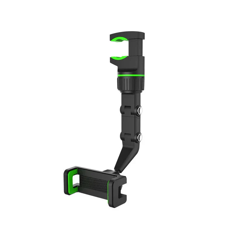 3D rendering of a black and green rearview mirror phone holder with two articulated joints on a white background.