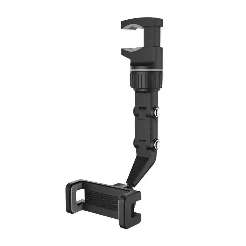 Black adjustable rearview mirror clip-on phone holder shown against a plain white background