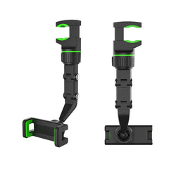 Phone Holder - 3D rendering of two black and green rearview mirror phone holders, front and side views, on a white background.