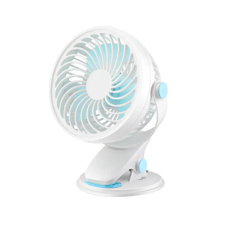 White and light blue clip-on usb fan with base stand, shown at an angle on a white background