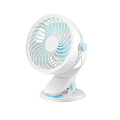 White and light blue clip-on usb fan with base stand, shown at an angle on a white background
