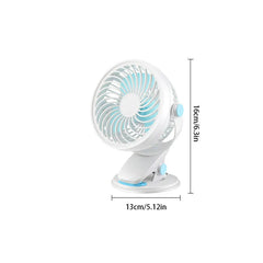 Clip-on usb fan with white and light blue build, shown with height and base dimension labels