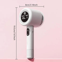 Dispositivo quitapelusas para ropa blanco de mano con pantalla digital, perfil lateral con etiquetas de dimensiones sobre fondo rosa