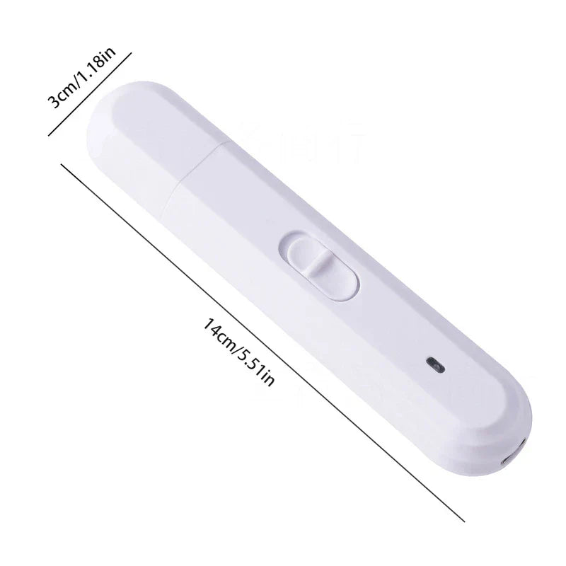 White portable USB nail drill pen with size dimensions, 14cm long