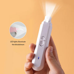 LED pet nail grinder held in hand, text explains light illuminates cat nail bloodline