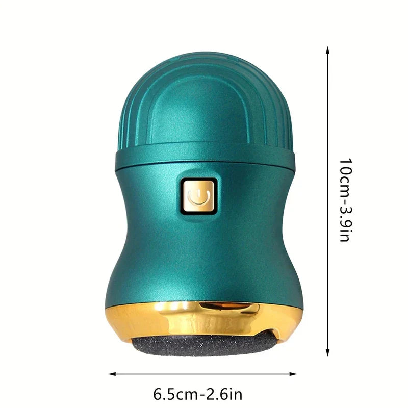 Limador de callos eléctrico recargable en verde azulado y dorado con dimensiones completas etiquetadas: 10 cm (3,9 pulgadas) de alto, 6,5 cm (2,6 pulgadas) de ancho
