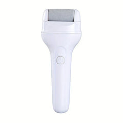 White handheld electric foot file callus remover with a gray roller head and single power button on its handle.