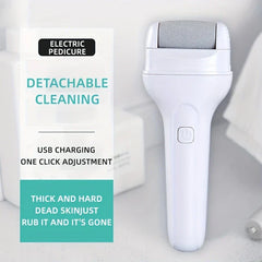 White electric foot file callus remover beside text blocks highlighting detachable cleaning and USB charging.