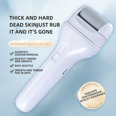 Angled view of a white electric foot file callus remover with promotional text about dead skin removal alongside it.