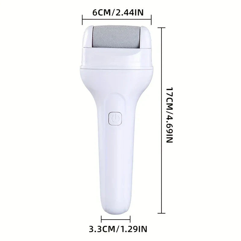 White electric foot file callus remover with labeled dimensions of 17cm height, 6cm top width, 3.3cm bottom width