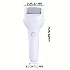 White electric foot file callus remover with labeled dimensions of 17cm height, 6cm top width, 3.3cm bottom width