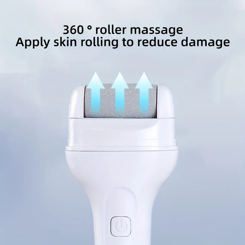 Electric foot file callus remover closeup of 360° roller head with upward arrow graphics on a light blue background