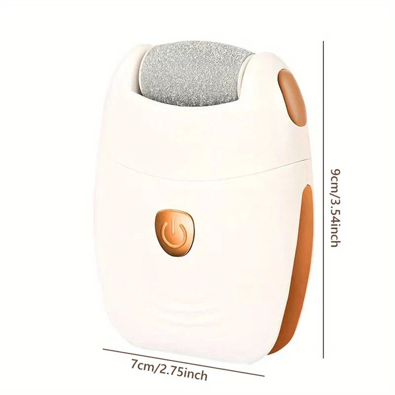 White and orange elmchee callus remover with grey abrasive roller, shown with height and width dimensions on white background