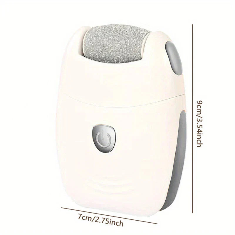 White and grey elmchee callus remover with grey abrasive roller, displayed with height and width measurements against white background