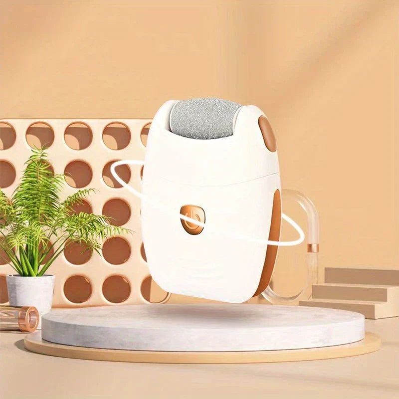 White and orange elmchee callus remover floating above a round marble platform, with warm beige decor and green plant in background