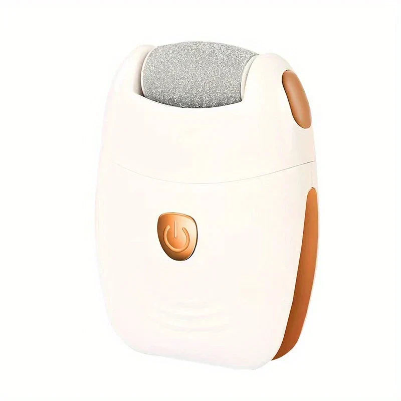 Single elmchee callus remover device with cream body, orange accents, and gray roller head on white background