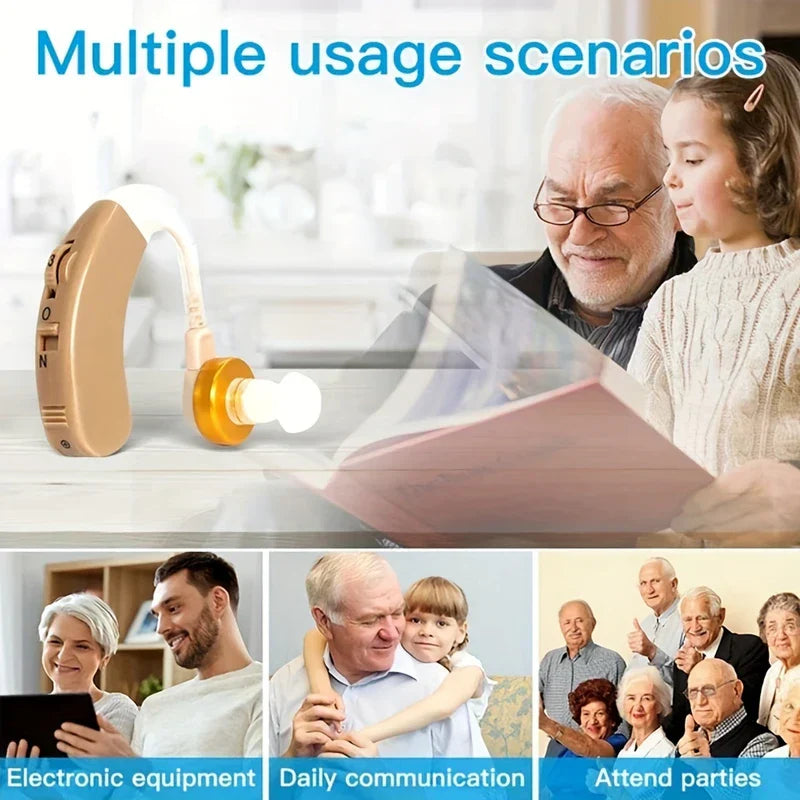 Collage que muestra un audífono recargable y personas usándolo para uso de dispositivos electrónicos, comunicación diaria y escenarios de fiesta