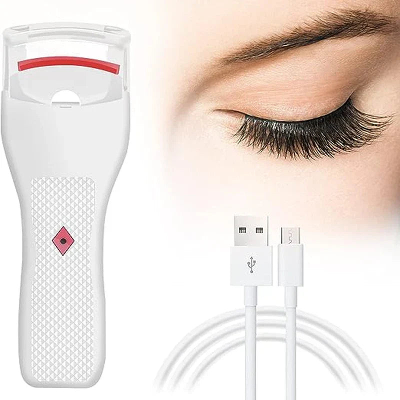 White heated eyelash curler pen paired with a USB cable, beside a close-up of curled dark eyelashes
