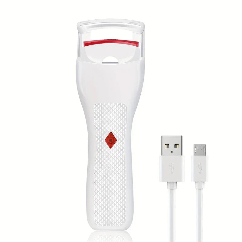 White heated eyelash curler pen next to a white USB charging cable on a plain white background