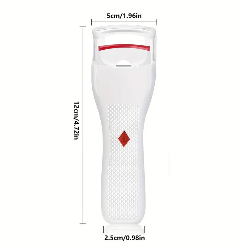 White heated eyelash curler pen with dimension labels: 5cm top width, 12cm height, 2.5cm bottom width