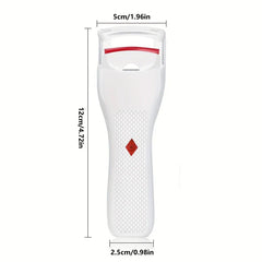 White heated eyelash curler pen with dimension labels: 5cm top width, 12cm height, 2.5cm bottom width
