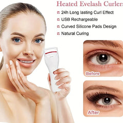 Heated eyelash curler pen held by a smiling woman, with before and after curled eyelash comparison shots