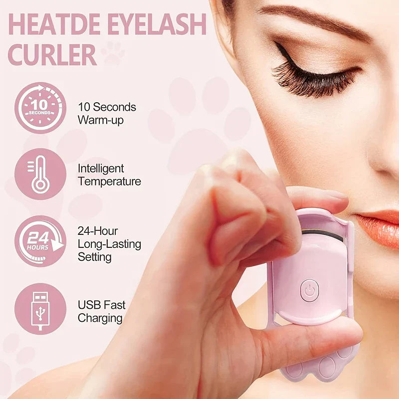 Close-up of heated eyelash curler in use on lashes