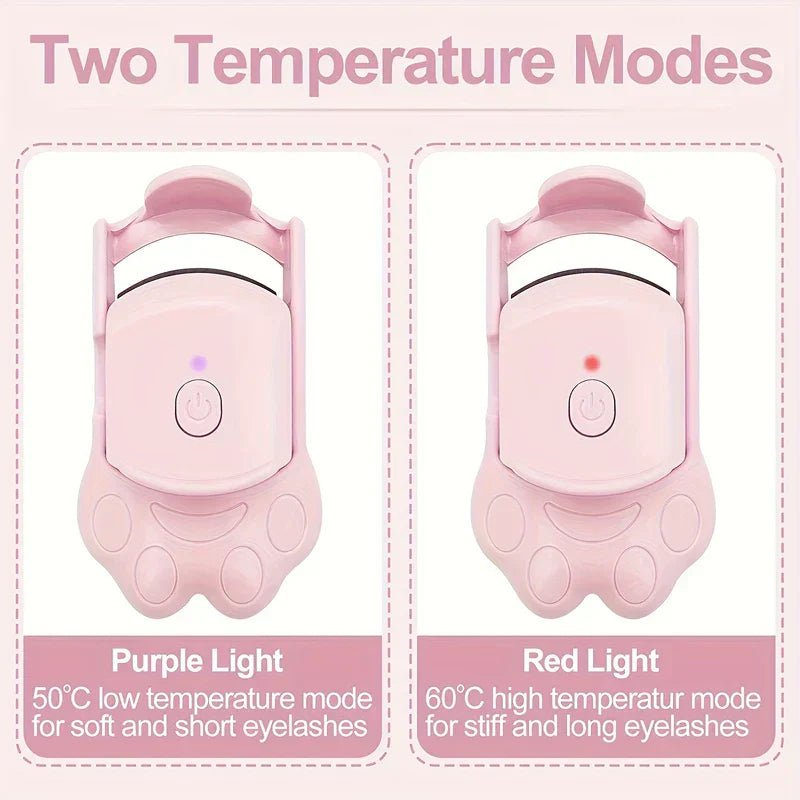 Pink cat paw shaped heated eyelash curler with two temperature modes, purple light and red light indicators shown side by side