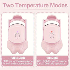 Pink cat paw shaped heated eyelash curler with two temperature modes, purple light and red light indicators shown side by side