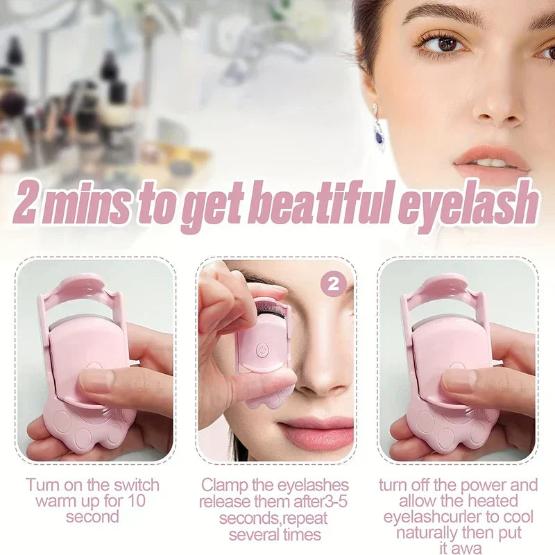Heated eyelash curler three step use demonstration, with a model showing how to curl eyelashes for beautiful lashes