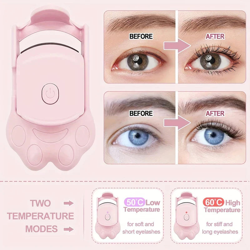Pink cat paw heated eyelash curler displayed with before and after lash curl comparisons and two temperature mode details